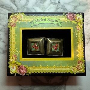 Michal Negrin Clip on Mint & Pink Square Floral Earrings